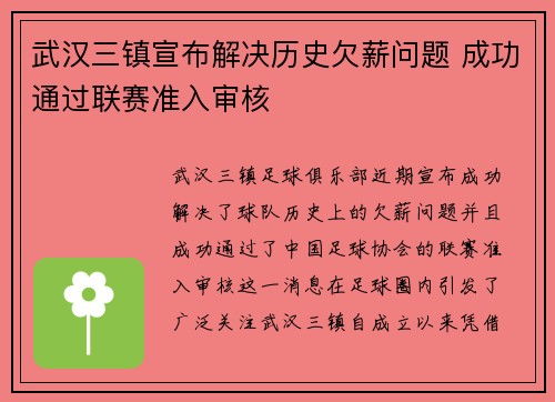 武汉三镇宣布解决历史欠薪问题 成功通过联赛准入审核